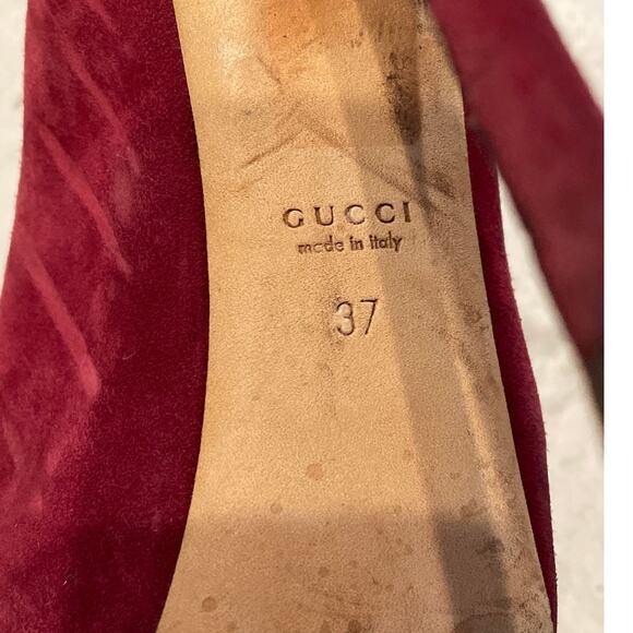 GUCCI Women's Suede Peep Toe Platform Pumps Size 37 Burgundy Stiletto Heel - Picture 9 of 9
